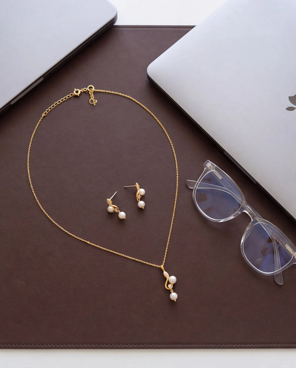 S-Curve Double Pearl Drop Pendant & Earring Set
