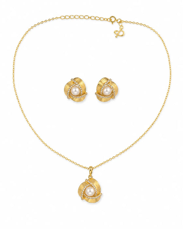 Brushed Gold Swirl Pearl Pendant & Earring Set
