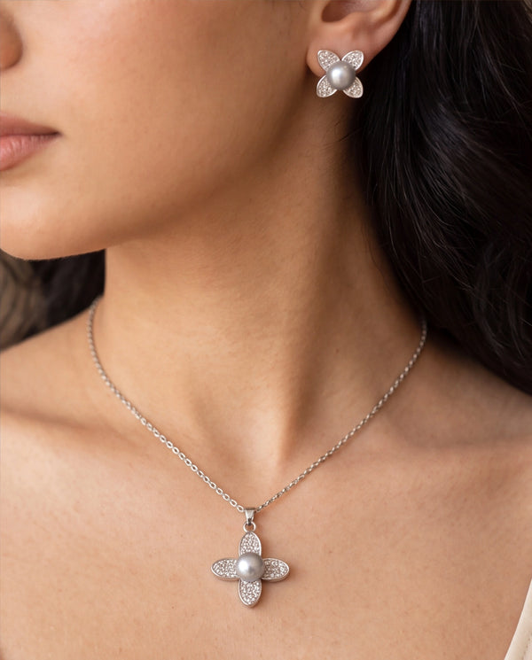 Rhodium Plated Floral Pearl & Cubic Zirconia Necklace & Earring Set
