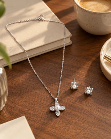 Rhodium Plated Floral Pearl & Cubic Zirconia Necklace & Earring Set