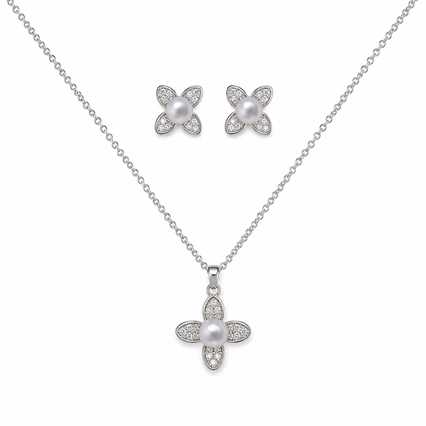 Rhodium Plated Floral Pearl & Cubic Zirconia Necklace & Earring Set