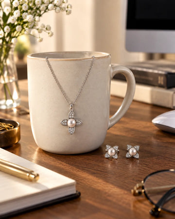 Floral Pearl & Cubic Zirconia Silver Plated Necklace & Earring Set