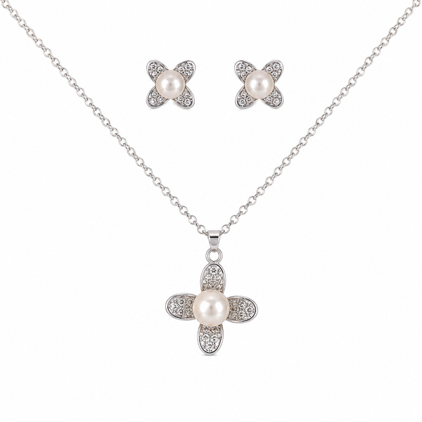 Floral Pearl & Cubic Zirconia Silver Plated Necklace & Earring Set