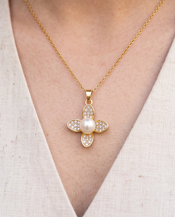 Floral Pearl & Cubic Zirconia Gold-Plated Necklace & Earring Set
