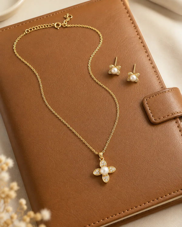 Floral Pearl & Cubic Zirconia Gold-Plated Necklace & Earring Set