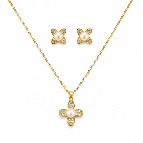 Floral Pearl & Cubic Zirconia Gold-Plated Necklace & Earring Set