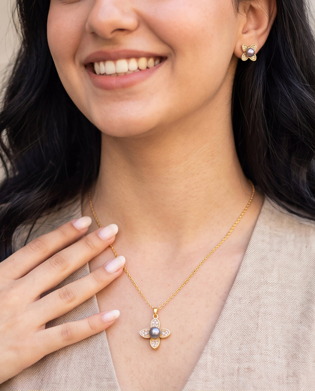 Floral Purple Pearl & Cubic Zirconia Gold-Plated Necklace & Earring Set