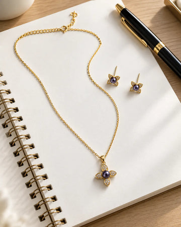 Floral Purple Pearl & Cubic Zirconia Gold-Plated Necklace & Earring Set