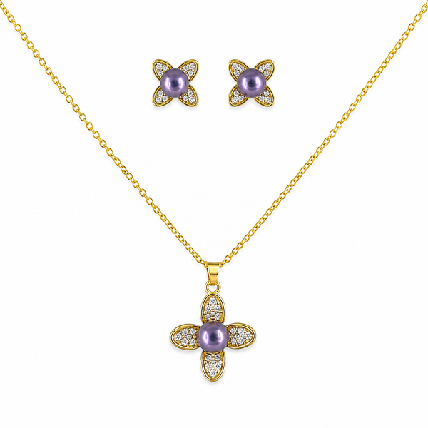Floral Purple Pearl & Cubic Zirconia Gold-Plated Necklace & Earring Set