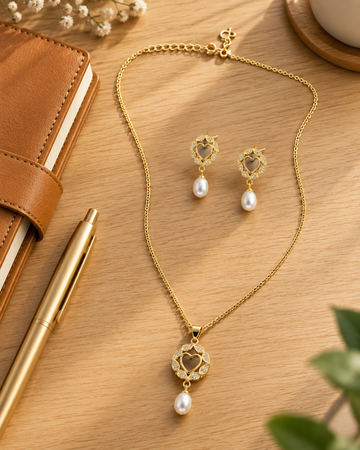 Heart Cutout Pearl Drop & Cubic Zirconia Gold-Plated Jewellery Set