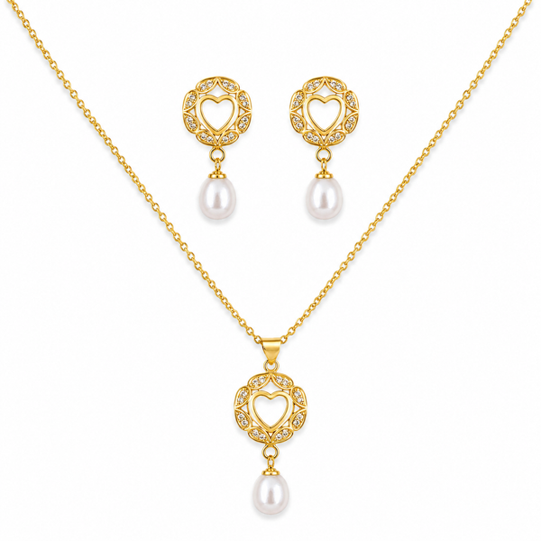 Heart Cutout Pearl Drop & Cubic Zirconia Gold-Plated Jewellery Set