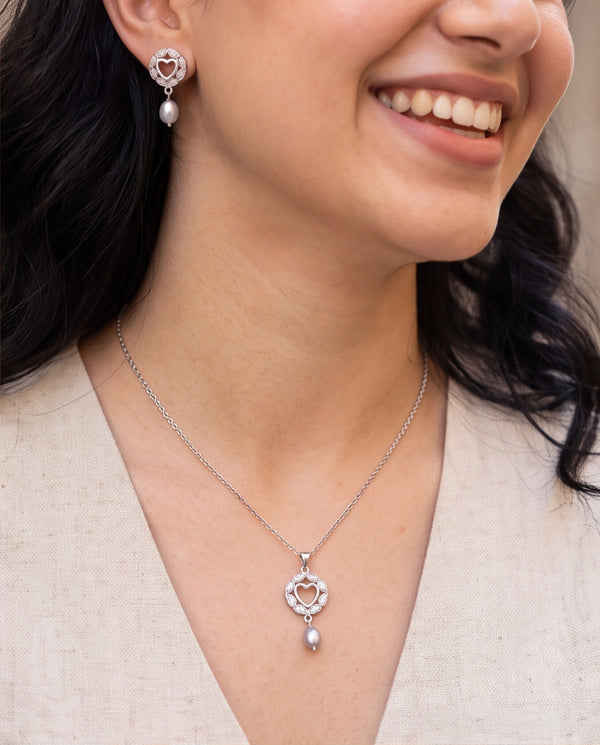 Heart Cutout White Pearl Drop & Cubic Zirconia Silver Plated Jewellery Set