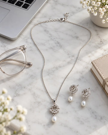 Heart Cutout White Pearl Drop & Cubic Zirconia Silver Plated Jewellery Set