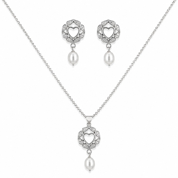 Heart Cutout White Pearl Drop & Cubic Zirconia Silver Plated Jewellery Set