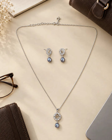 Rhodium Plated Heart Cutout Black Pearl Drop & Cubic Zirconia Jewellery Set