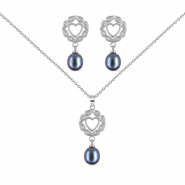 Rhodium Plated Heart Cutout Black Pearl Drop & Cubic Zirconia Jewellery Set