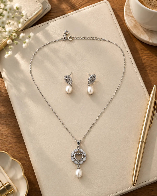 Heart Cutout Pearl Drop & Cubic Zirconia Silver Plated Jewellery Set