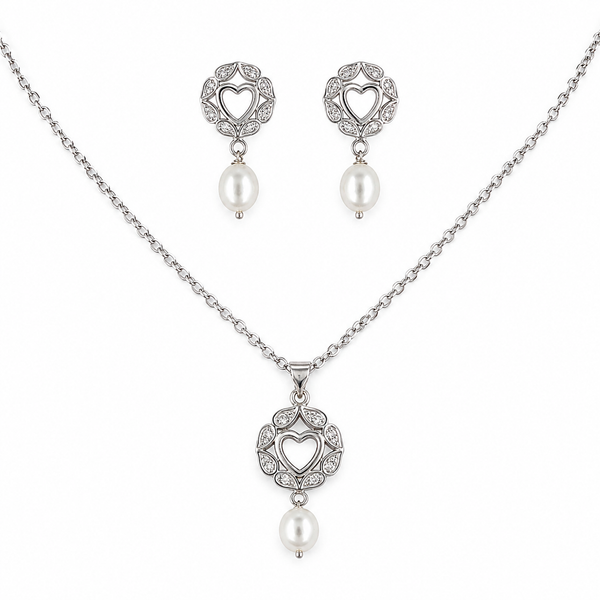 Heart Cutout Pearl Drop & Cubic Zirconia Silver Plated Jewellery Set