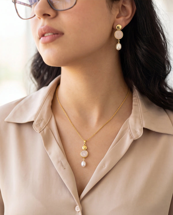 Enamel Disc & Teardrop Pearl Gold-Plated Jewellery Set