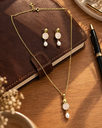 Enamel Disc & Teardrop Pearl Gold-Plated Jewellery Set