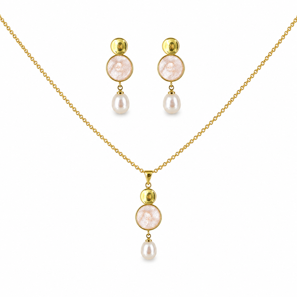 Enamel Disc & Teardrop Pearl Gold-Plated Jewellery Set
