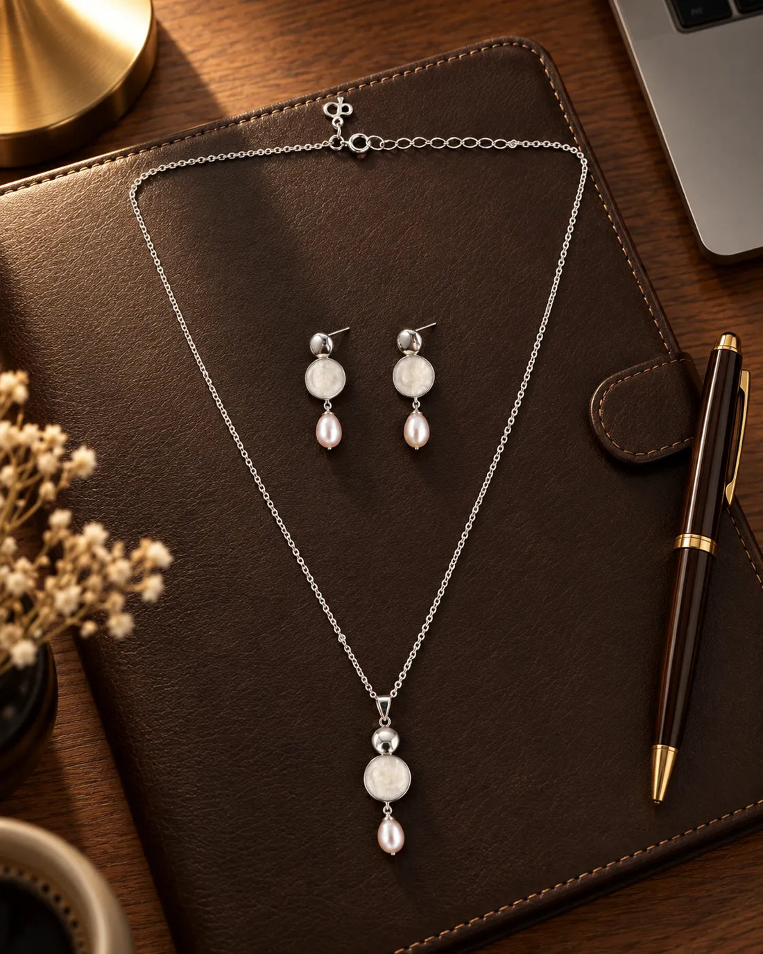 Enamel Disc & Teardrop Pearl Gold-Plated Jewellery Set