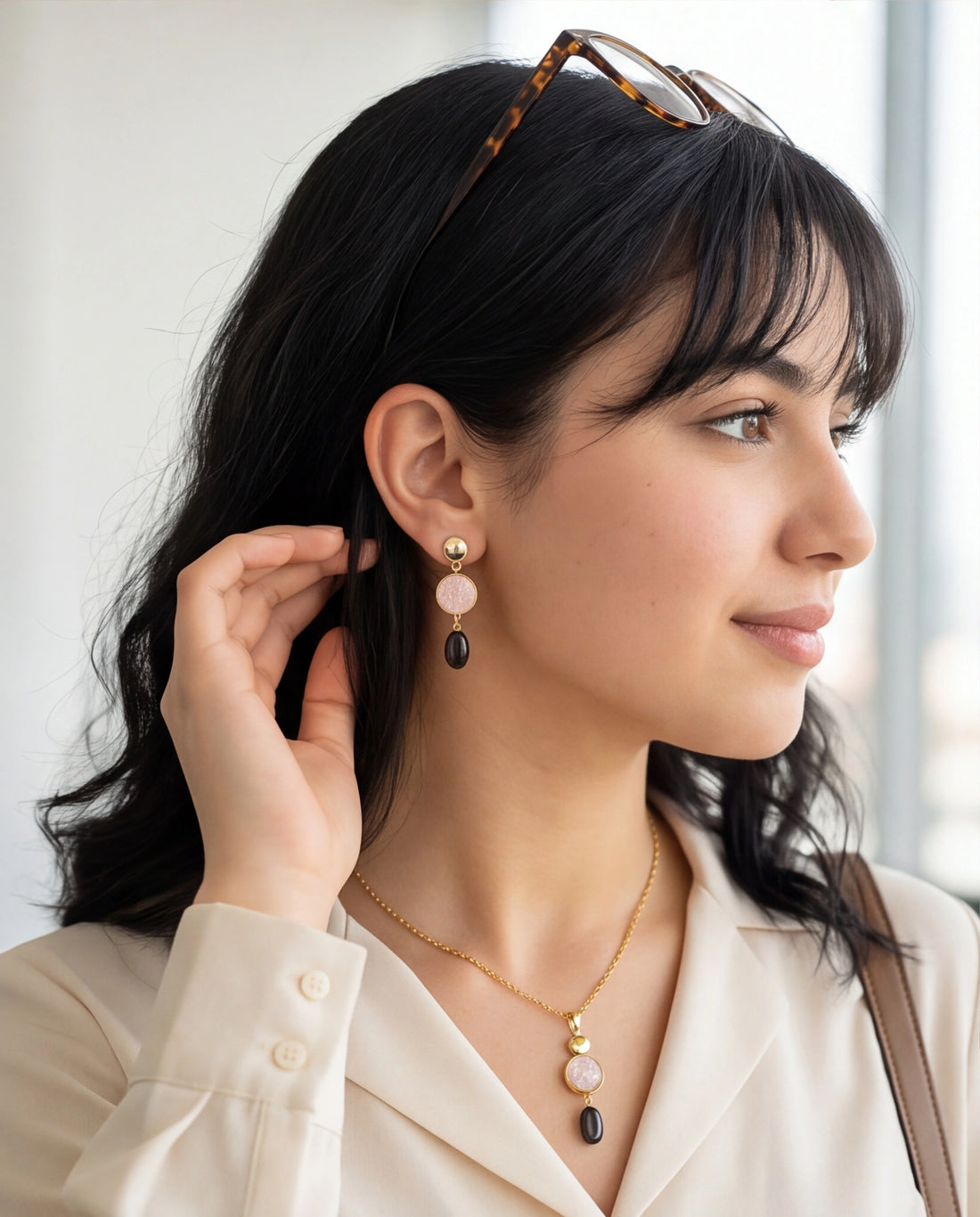 Enamel Disc & Black Pearl Drop Gold-Plated Jewellery Set
