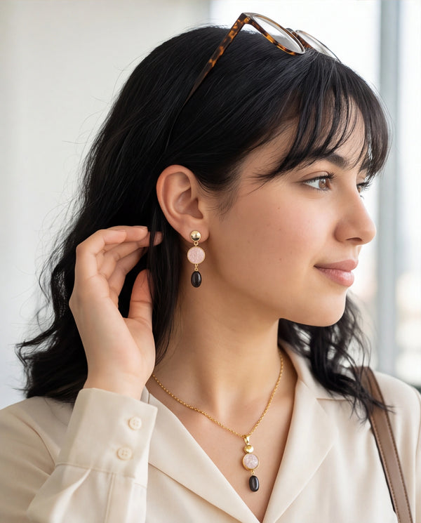 Enamel Disc & Black Pearl Drop Gold-Plated Jewellery Set