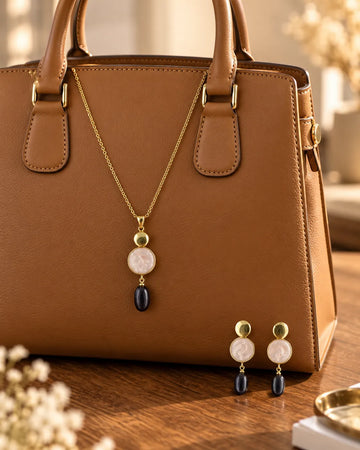 Enamel Disc & Black Pearl Drop Gold-Plated Jewellery Set