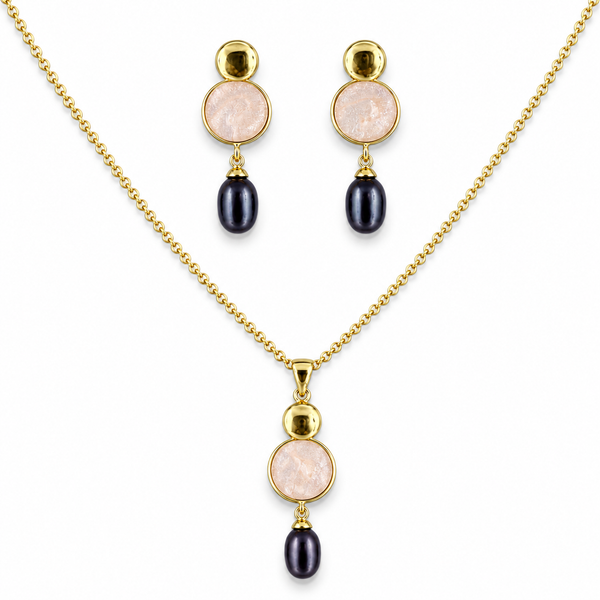 Enamel Disc & Black Pearl Drop Gold-Plated Jewellery Set