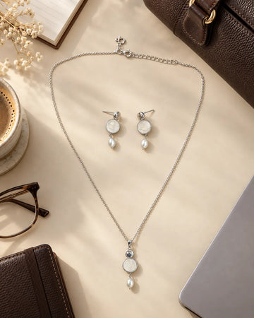Rhodium Plated Enamel Disc & Teardrop Pearl Jewellery Set