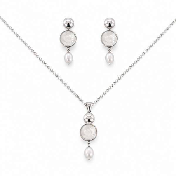 Rhodium Plated Enamel Disc & Teardrop Pearl Jewellery Set