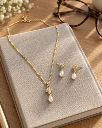 Clover Cubic Zirconia & Peach Pearl Drop Gold-Plated Jewellery Set