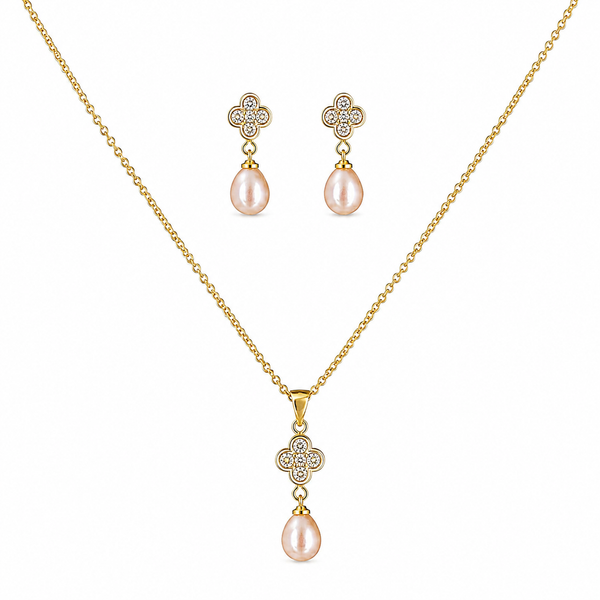 Clover Cubic Zirconia & Peach Pearl Drop Gold-Plated Jewellery Set