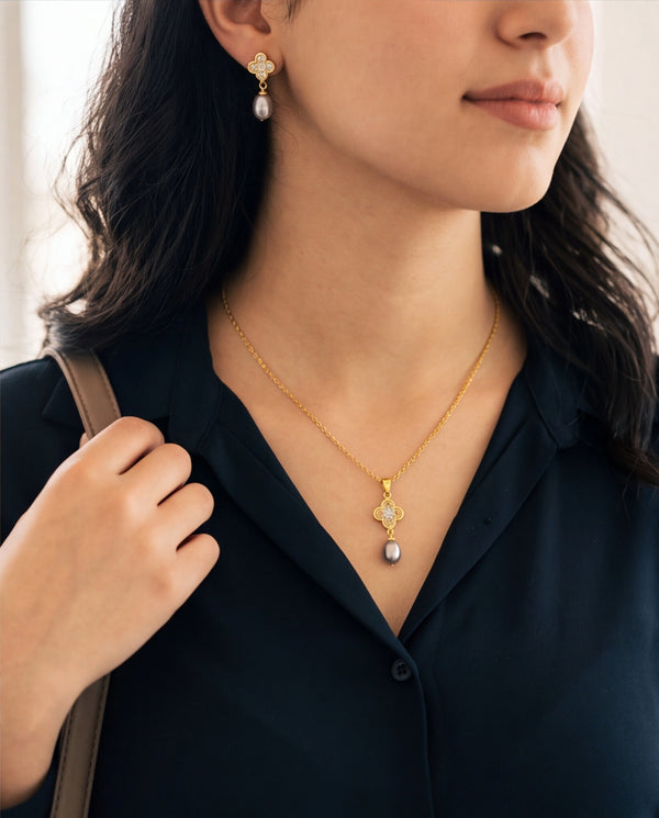 Clover Cubic Zirconia & Grey Pearl Drop Gold-Plated Jewellery Set
