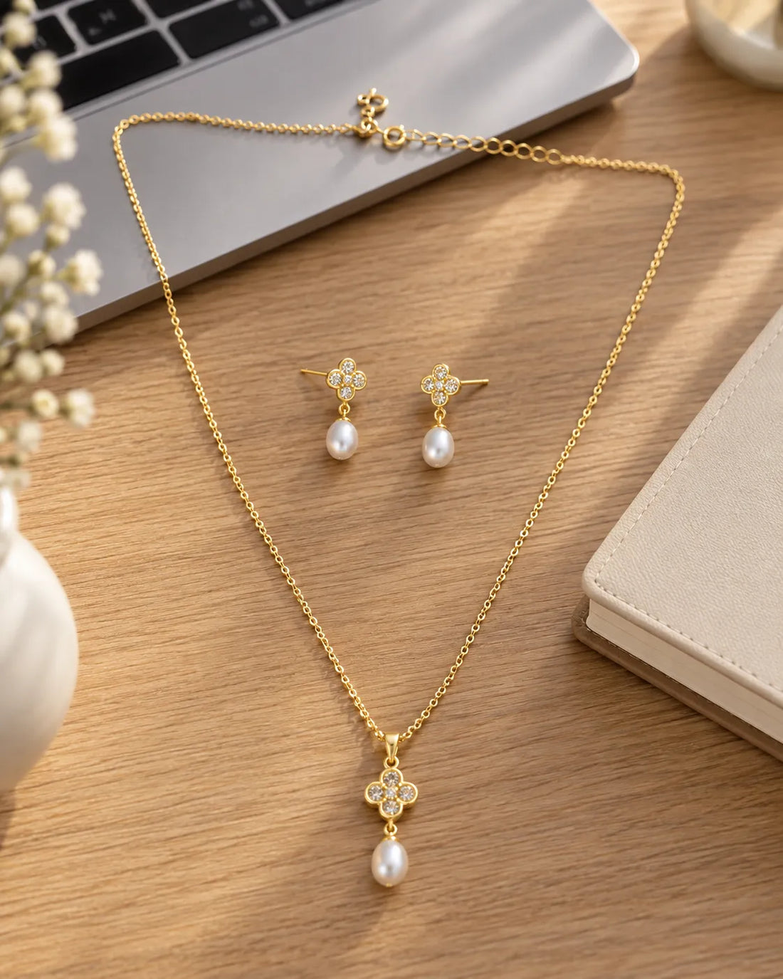 Clover Cubic Zirconia & Grey Pearl Drop Gold-Plated Jewellery Set