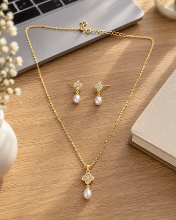 Clover Cubic Zirconia & Grey Pearl Drop Gold-Plated Jewellery Set