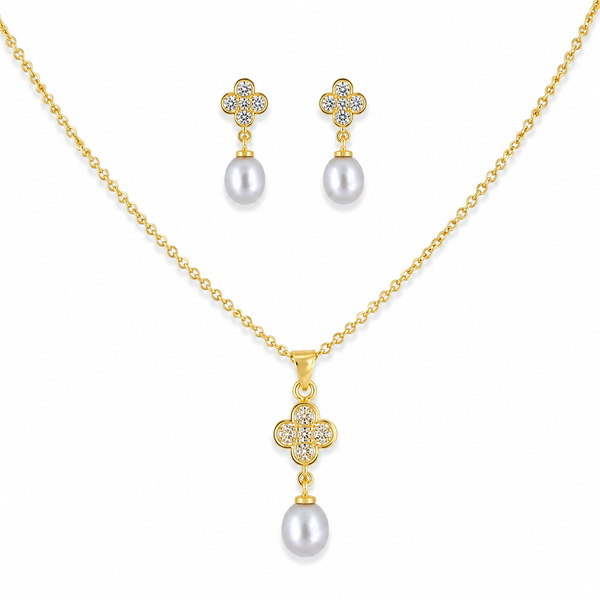 Clover Cubic Zirconia & Grey Pearl Drop Gold-Plated Jewellery Set