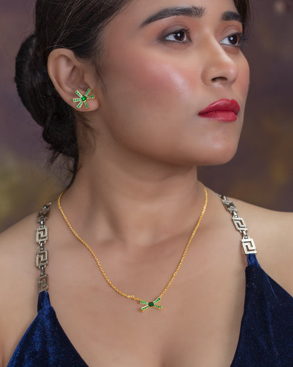 Elegant Gold Plated Green Stone Geometric Pendant Set