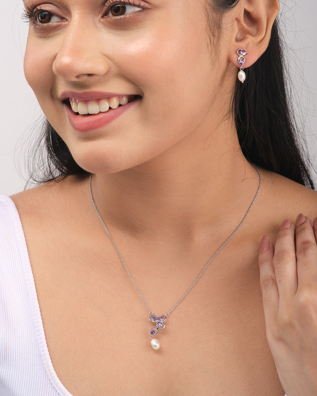 Purple Celestial Spark Pendant Set 925 Silver with Pearl & CZ