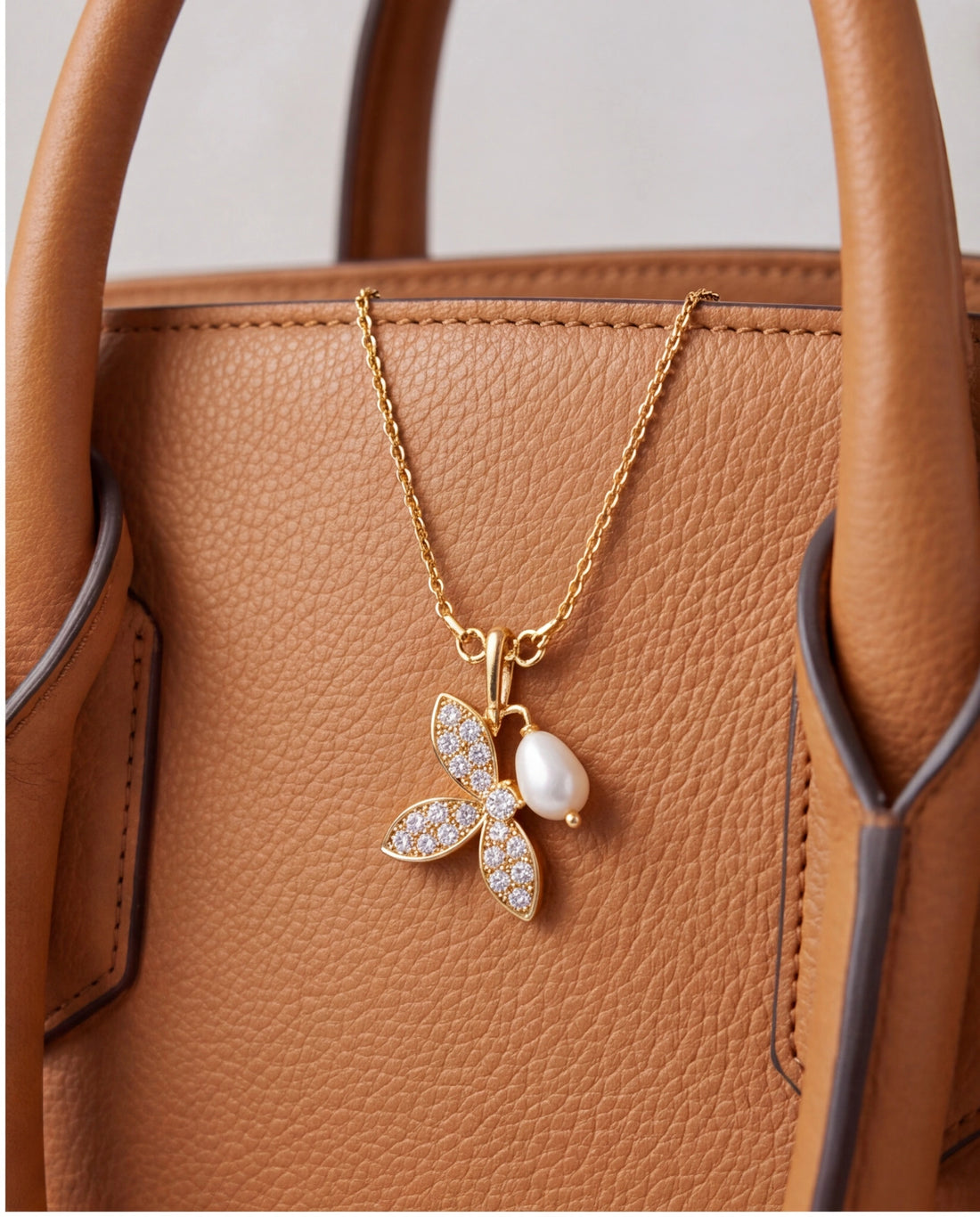 Pave Butterfly & Pearl Drop Chain Necklace Set