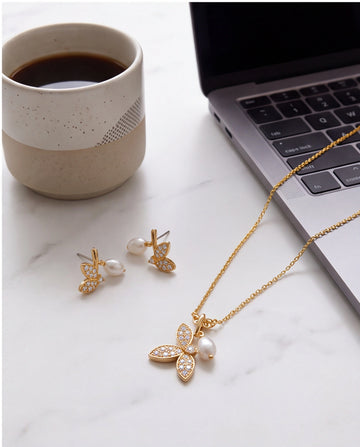 Pave Butterfly & Pearl Drop Chain Necklace Set