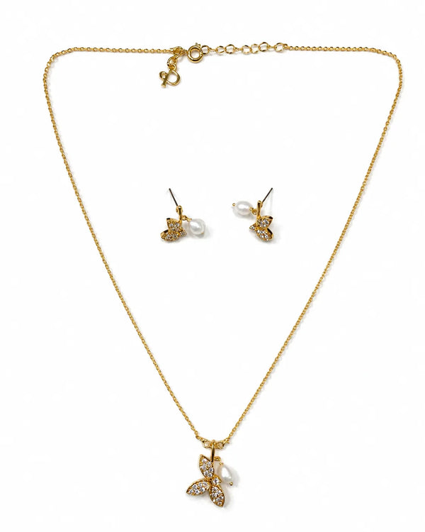 Pave Butterfly & Pearl Drop Chain Necklace Set