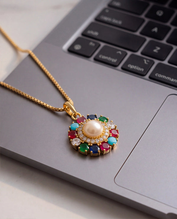 Multicolor Navratna-Style Pearl Pendant & Stud Earrings Jewellery Set