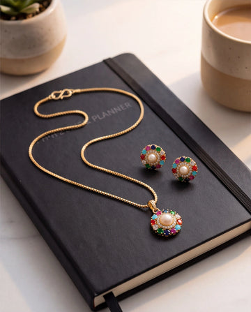 Multicolor Navratna-Style Pearl Pendant & Stud Earrings Jewellery Set