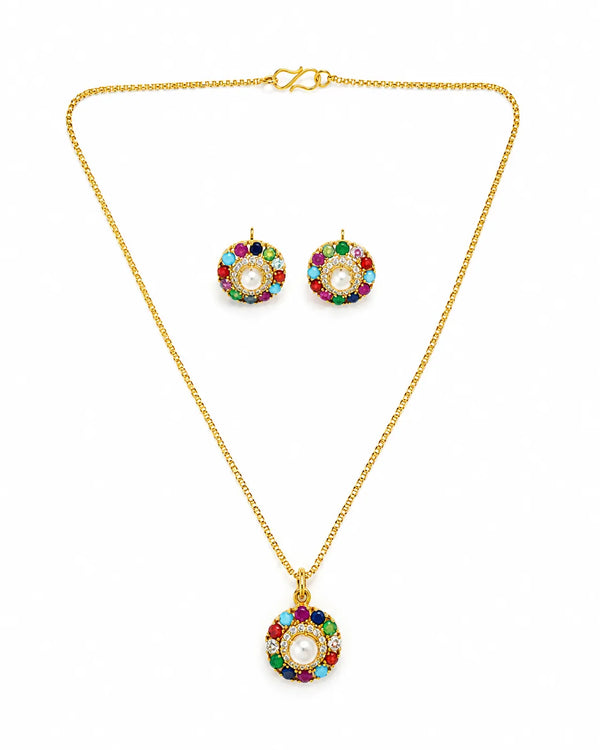 Multicolor Navratna-Style Pearl Pendant & Stud Earrings Jewellery Set