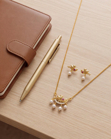 Gold-Tone Lovebird Motif Pearl & Ruby-Red Stone Necklace Set