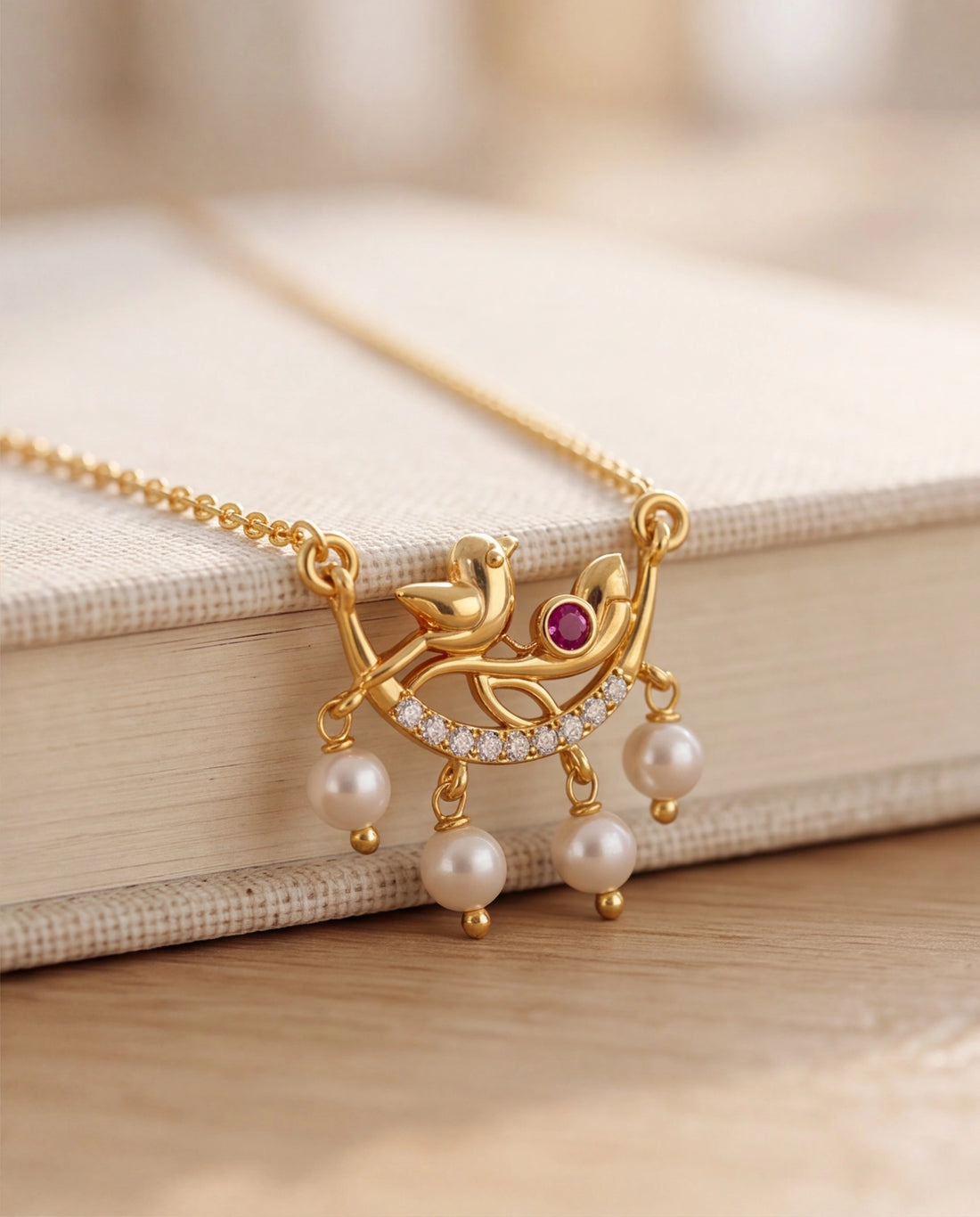 Gold-Tone Lovebird Motif Pearl & Ruby-Red Stone Necklace Set