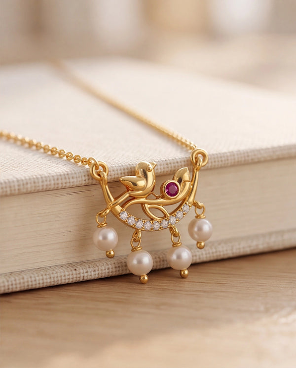Gold-Tone Lovebird Motif Pearl & Ruby-Red Stone Necklace Set