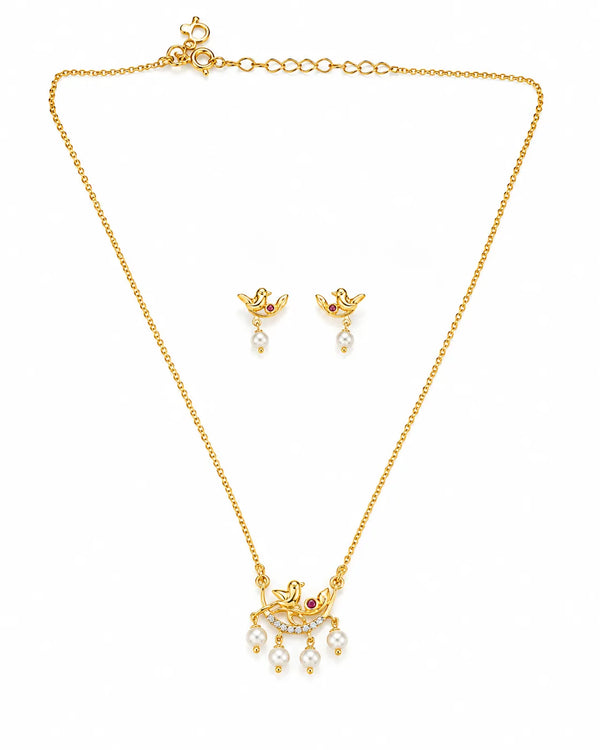 Gold-Tone Lovebird Motif Pearl & Ruby-Red Stone Necklace Set